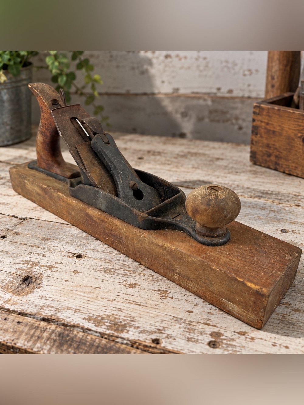 Antique 15” Transitional Jack Plane Wood Bottom Cast Iron Woodworking Tool